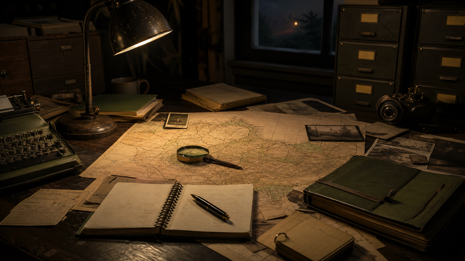 Mesa de pesquisa com mapa do Para, documentos e caderno militar para estudo linguistico da Operacao Prato